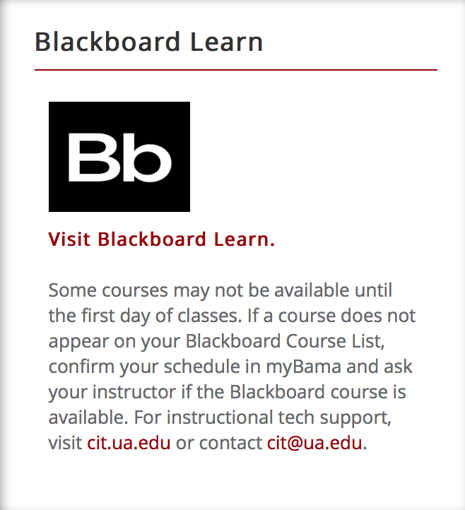 Blackboard Learn channel in myBama with Visit Blackboard Learn link