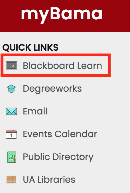 myBama menu highlights Blackboard Learn