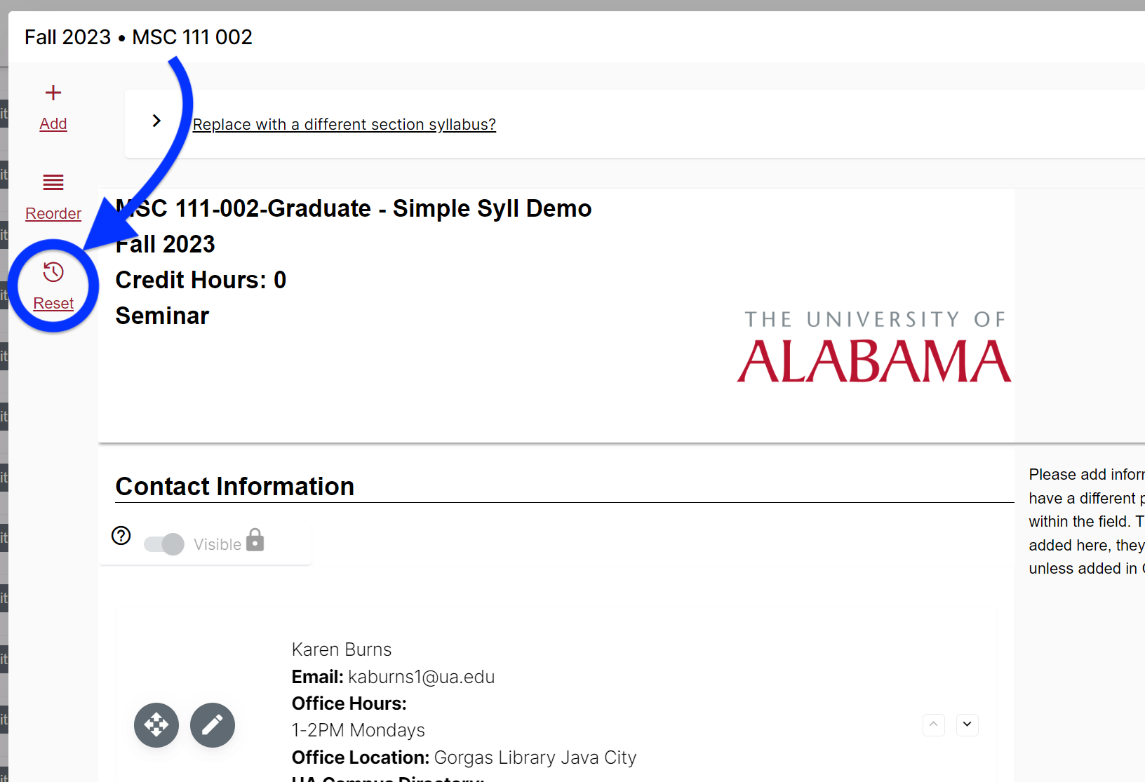 In the Simple Syllabus interface, click on the Reset button to begin resetting content in your syllabus.